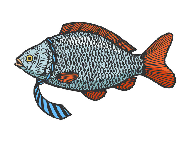 Fisch in Krawatte farbige Skizze Gravur Vektorillustration. Scratch-Board-Imitat. Handgezeichnetes Schwarz-Weiß-Bild. - Vektor, Bild