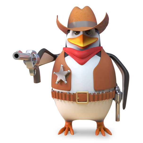 Sharpshooter szeryf Pingwin Cartoon Cowboy ma swoje działo z zabójczą dokładnością, ilustracja 3D - Zdjęcie, obraz
