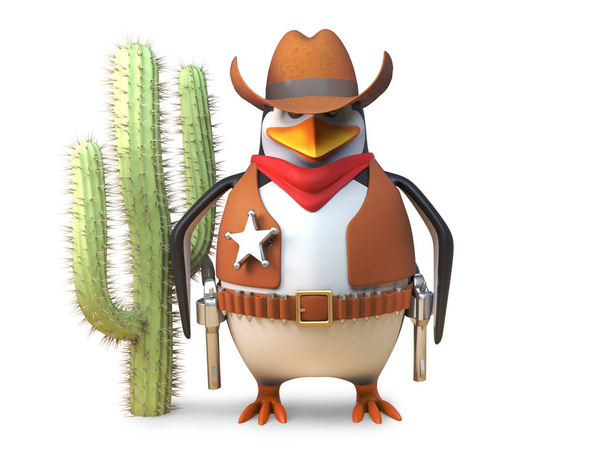 Lo sceriffo cowboy pinguino si trova lontano vicino a un cactus nel selvaggio west, illustrazione 3d
 - Foto, immagini