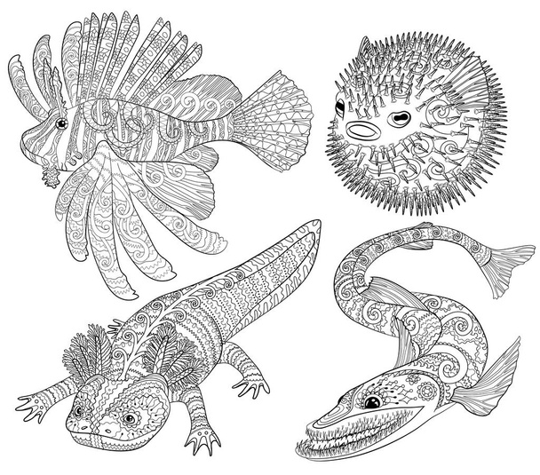 Coloring page with creepy fish with high details - Vector, Image