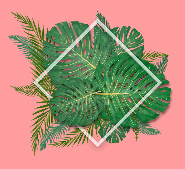 Tropical palm leaves frame on coral backdrop. Summer tropical leaf. Exotic hawaiian jungle, summertime background. Pastel monochrome art colorful minimal style, White frame square. Banner for text - Foto, imagen