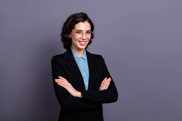 Portrait of cute charming magnificent lovely lady success freelance beaming friendly feel glad isolated wear black blazer trendy stylish wavy curly hairstyle grey background - Photo, image