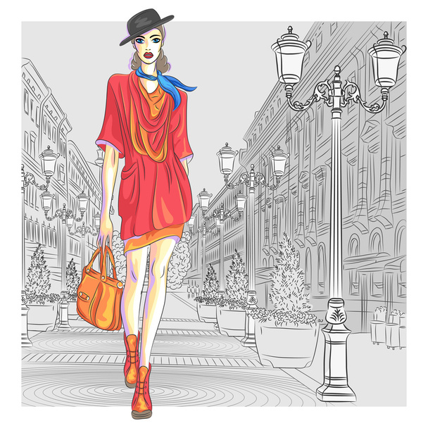 Vector attractive fashion girl goes for St. Petersburg - Vector, Image