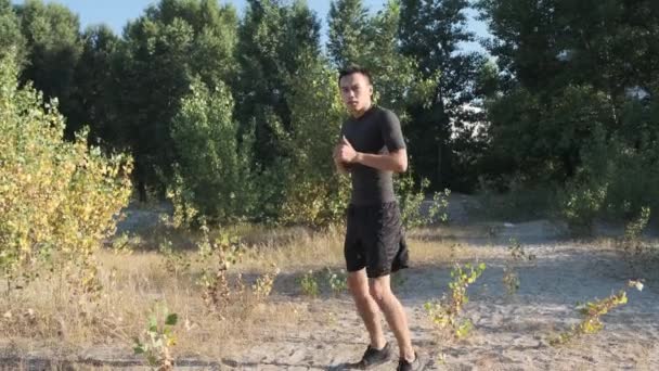 ein junger Sportler Boxer und Kickback-Training im Park. der junge Kerl trainiert die Technik der Tritte - Filmmaterial, Video