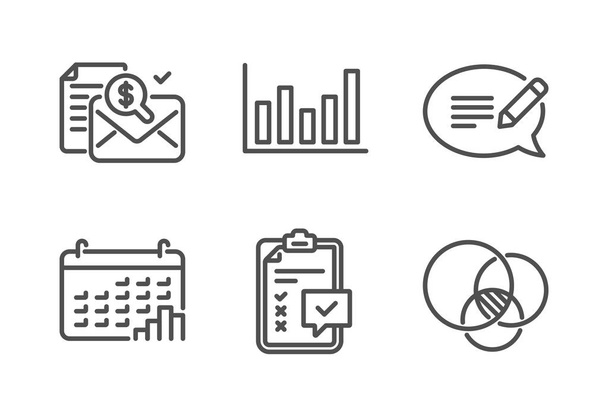 Calendar graph, Column chart and Accounting report icons set. Message, Checklist and Euler diagram signs. Vector - Wektor, obraz