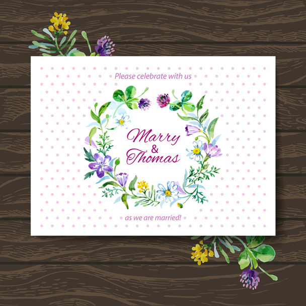 Hochzeitseinladungskarte mit Aquarell Blumenstrauß. - Vektor, Bild