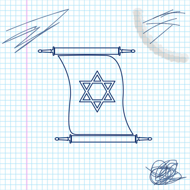 白い背景に分離されたトーラースクロールラインスケッチアイコン。拡大された形でユダヤ人のトーラー。トーラブックサイン。ダビデのシンボルの星。単純な古い羊皮紙スクロール。ベクトルイラストレーション - ベクター画像