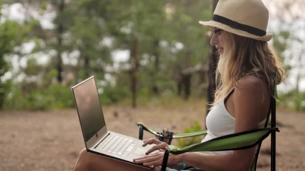 усміхнена дівчина працює на ноутбуці на відкритому повітрі в літній відпустці
. - Кадри, відео