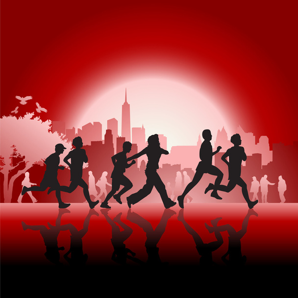 Silhouetted runners in front of city - Wektor, obraz