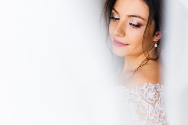 Close-up of the face of the bride with a beautiful make-up on th - Photo, Image
