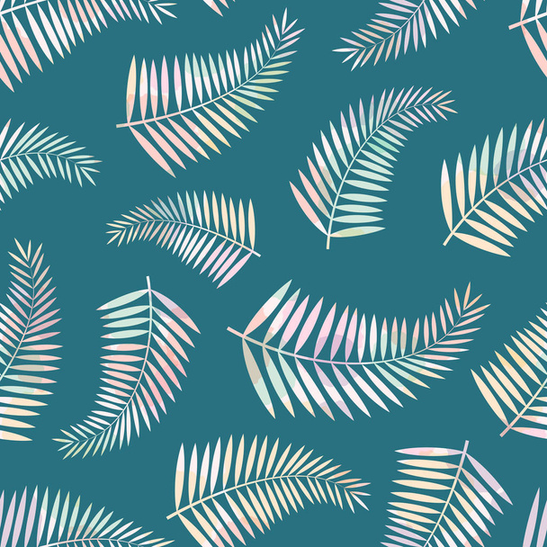 Seamless pattern with multicolored tropical leaves of palm on green background. - Vetor, Imagem