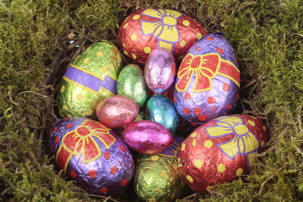 Colored eggs in bird nest over white - Photo, Image