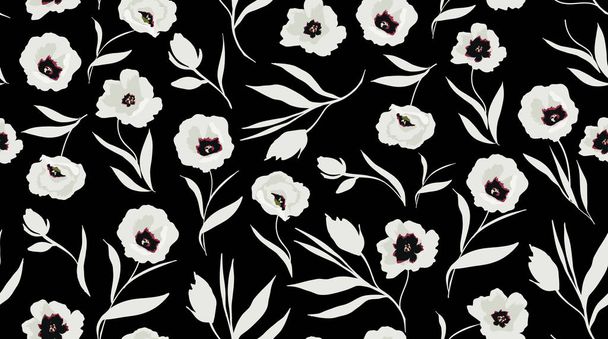 nahtloses Blumenmuster. weiße Blumen auf schwarzem Hintergrund. Vektorillustration - Vektor, Bild