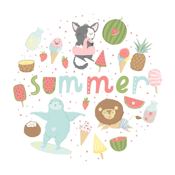 Fun summer poster. Cards with cute animals, fruits - Vettoriali, immagini