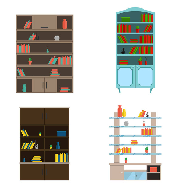 Möbel für Wohnzimmer und Schrank. Bücherregale, Bücherregale. in verschiedenen Stilen Vektor flache Abbildung - Vektor, Bild