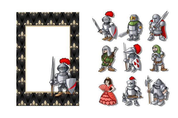 Verticaal frame met ridders ingesteld op de middeleeuwse achtergrond - Vector, afbeelding