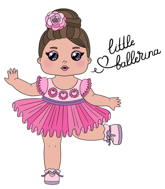 リトルバレリーナのレタリングとかわいい女の子のダンサーのキャラクター。白い背景に隔離されたピンクのドレスで小さなダンスバレリーナ。ファブリックや保育園の装飾に最適. - ベクター画像
