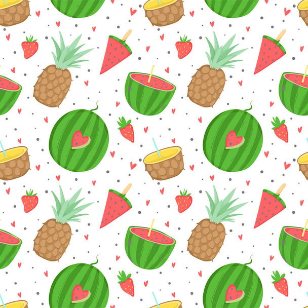 Summer seamless pattern with ice cream, fruits, dots, strawberries, hearts. Wrapping paper, fabric, wallpaper, background  design. - Vector, Imagen