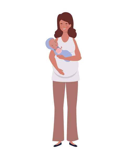 彼女の腕の中に生まれたばかりの赤ん坊と立っている女性 - ベクター画像