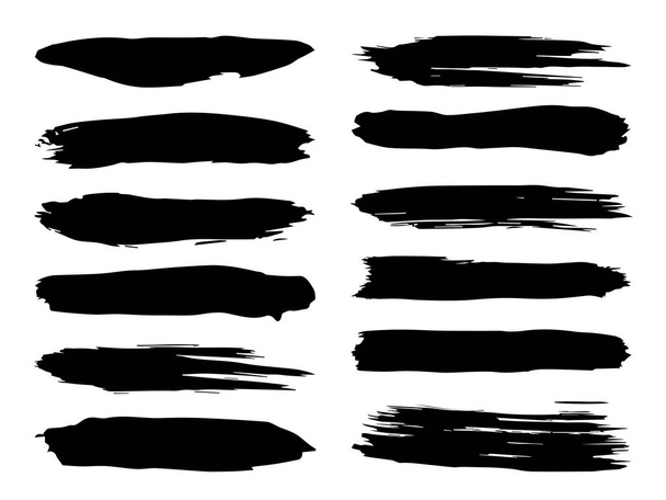 Sanatsal grungy siyah boya el yapılmış yaratıcı fırça darbesi topluluğu izole üzerinde beyaz arka plan ayarlayın. Soyut grunge skeçler tasarım eğitim veya grafik sanatı dekorasyon için bir grup - Fotoğraf, Görsel