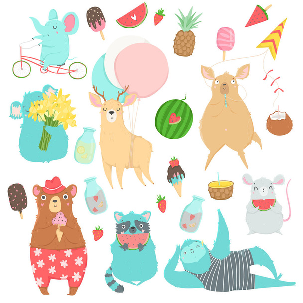 Cute animals charachters isolated illustrations in cartoon hand drawn style for children. Summer set - calligraphy, animals, ice cream and other elements. Vector collection.  - Vector, Image
