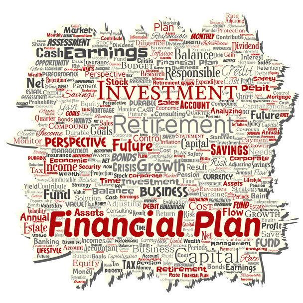 Konceptualna biznes wektor lub osobistego planu finansowego stary rozdarty papier czerwony finanse strategii słowo cloud na białym tle tła. Kolaż dochód pieniędzy inwestycji lub koncepcji bezpieczeństwa przyszłych emerytur - Wektor, obraz