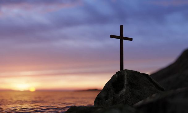 Concept or conceptual religious christian cross standing on rock in the sea or ocean over beautiful sunset sky. A background for faith, religion belief, Jesus Christ, spiritual church 3D illustration - Photo, Image