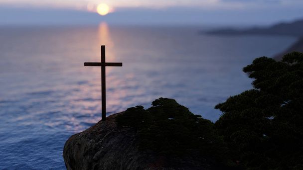 Concept of conceptuele religieuze christelijke kruis staande op rots in de zee of de Oceaan over de prachtige zonsondergang hemel. Een achtergrond voor geloof, geloofsovertuiging, Jezus Christus, spirituele kerk 3D illustratie - Foto, afbeelding