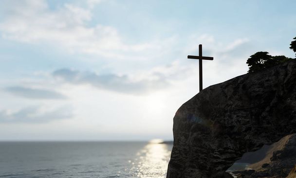 Концепція або концептуальна релігійних християнських хрест стояв на скелі в море або океан над красивим небом заходу сонця. Тло для віри, релігія віра, Ісус Христос, духовна церква 3D ілюстрація - Фото, зображення