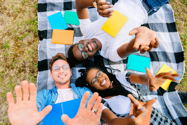Group of happy positive laughing young black girl and two mulriethnic men friends lying on the grass in the park, millenial concept, youth and students, tourism and holidays. - Photo, Image