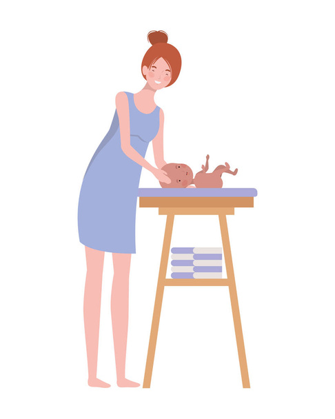 woman with newborn baby in the diaper changing - Vector, Image