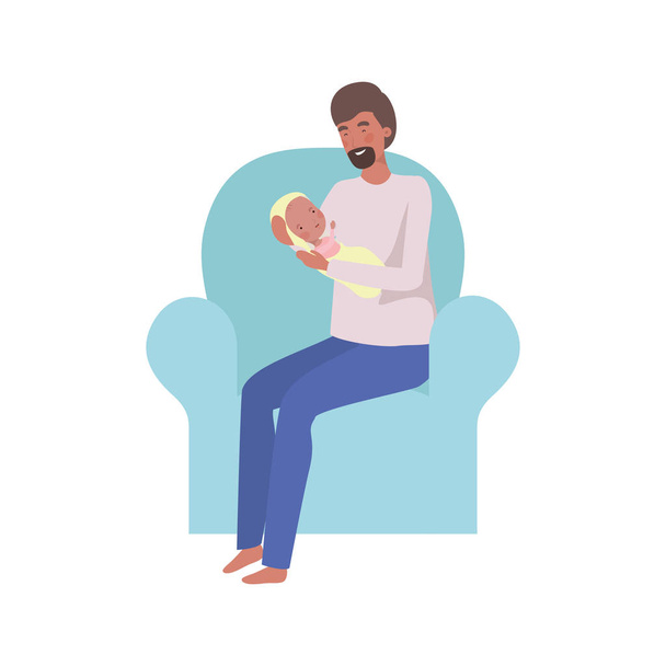 腕に新生児と座っている若い男 - ベクター画像