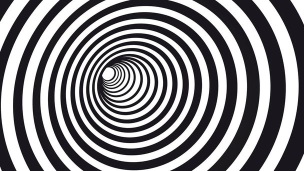 Geometrische hypnotiserende spiraal. Zwart-wit gestreepte optische illusie illustratie. Geometrisch wormgat vorm patroon. - Vector, afbeelding