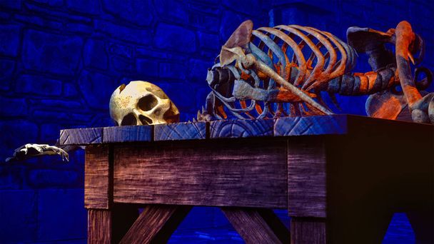 Human skeleton in medieval dungeon 3d rendering - Φωτογραφία, εικόνα