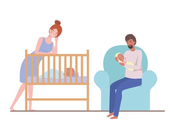 生まれたばかりの赤ちゃんとソファに座っている若いカップル - ベクター画像