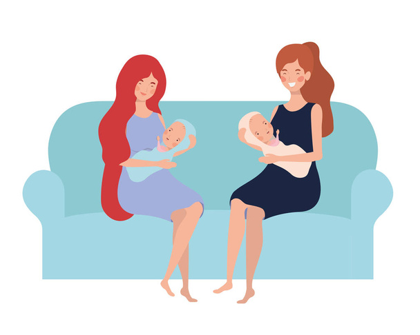 women sitting on the couch with a newborn baby in her arms - Vector, Image