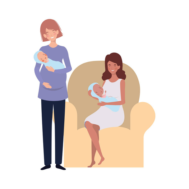 彼女の腕の中で生まれたばかりの赤ん坊とソファに座っている女性 - ベクター画像