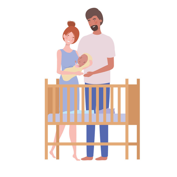 женщина и мужчина с новорожденным ребенком в кроватке
 - Вектор,изображение