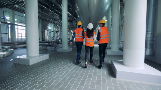 Tres técnicos caminan por las instalaciones de la destilería
 - Metraje, vídeo