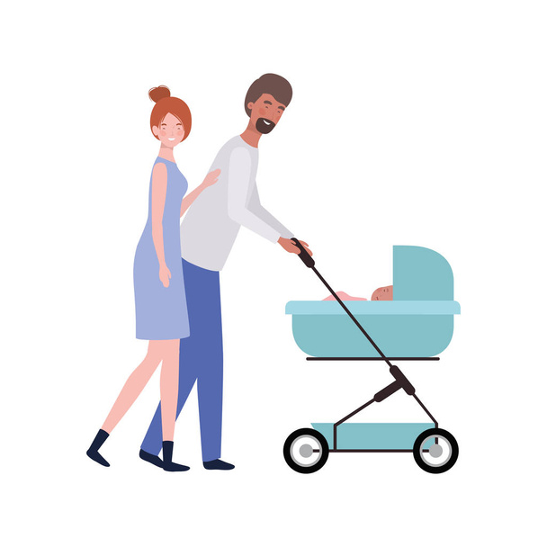 pareja joven de pie con un bebé recién nacido en cochecito
 - Vector, imagen