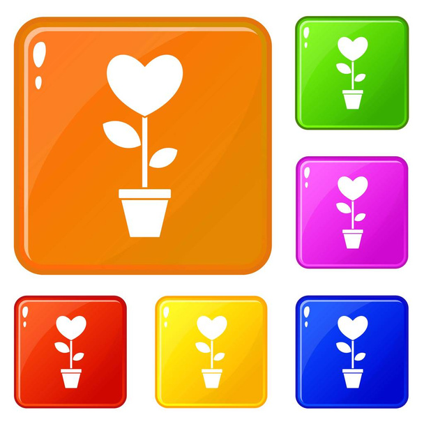 Heart flower in a pot icons set vector color - Vektor, obrázek