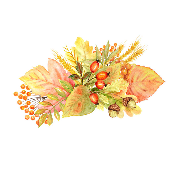 Autumn leaf bouquet isolated on a white background. Watercolor autumn leaf hand drawn illustration. - Foto, Imagen