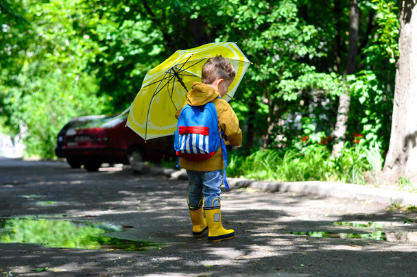 Un petit garçon mignon dans un imperméable jaune marche à travers les flaques en souriant et tenant un parapluie avec une coloration citron
. - Photo, image
