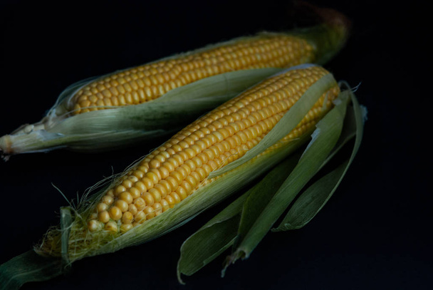 Žlutá sladká kukuřice na černém pozadí zblízka - Fotografie, Obrázek
