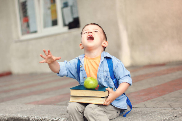 O pequeno pré-escolar está chateado e olha para cima e chora.Um pequeno pré-escolar de três anos com uma mochila nas costas e com livros senta-se nas escadas e mostra sua maçã verde para um lanche.
. - Foto, Imagem
