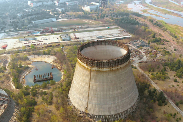 Drone flies over the cooling tower, top view - Photo, Image