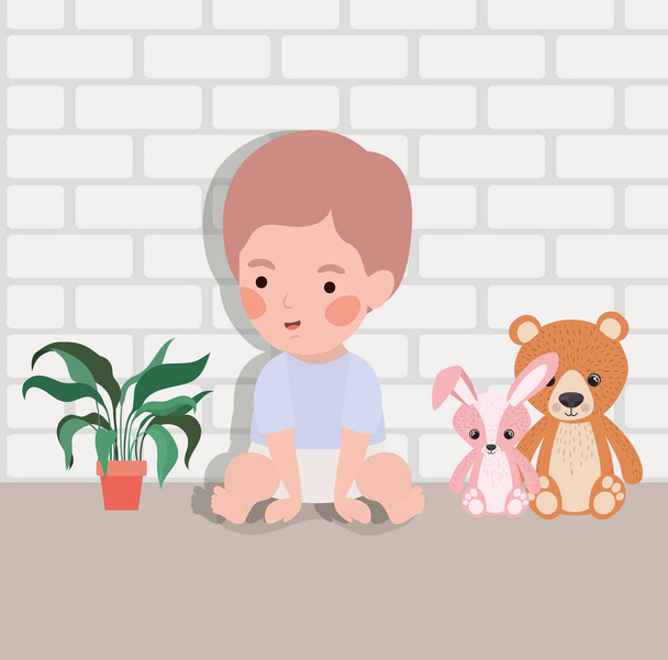 ぬいぐるみのおもちゃのキャラクターを持つ小さな男の子 - ベクター画像
