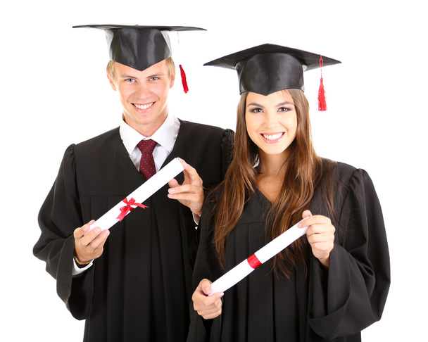 Two happy graduating students isolated on white - Фото, изображение