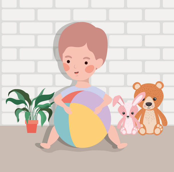 маленький хлопчик з пластиком на повітряній кулі та фаршированими іграшками
 - Вектор, зображення