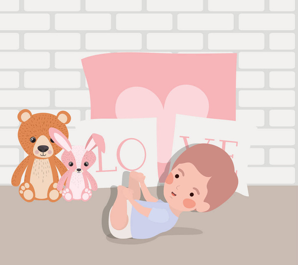 little baby boy with stuffed toys character - Vector, Image